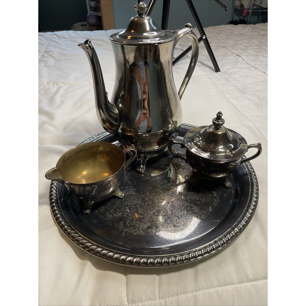 Vtg WM Rogers Silverplate Tea Set Teapot Sugar Bowl Creamer and Tray Unpolished